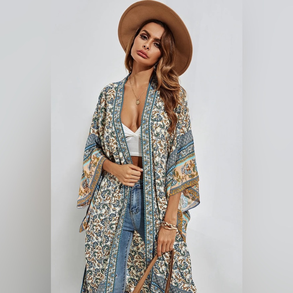 WORLD MARKET Floral Kimono with Blue and Tan Accents - Picture 13 of 17